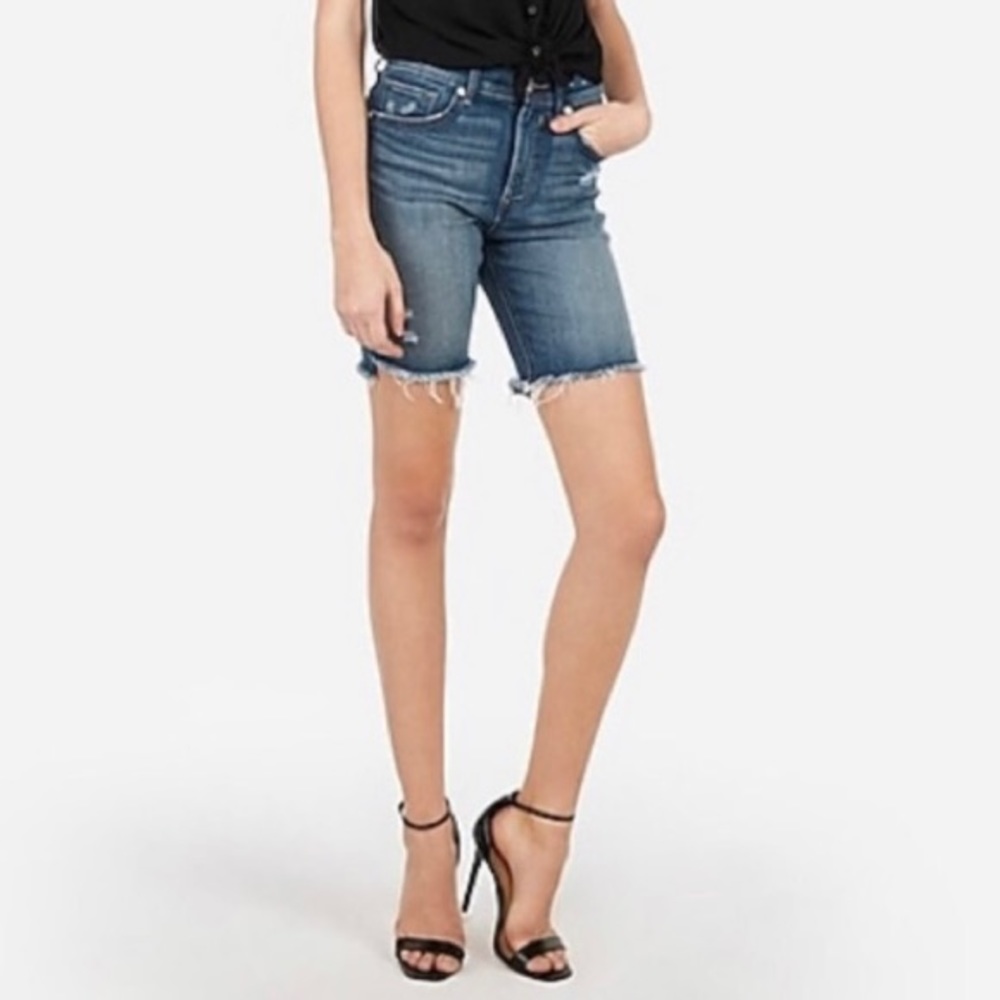 Express Shorts Denim Perfect Bermuda Raw Hem Blue 4